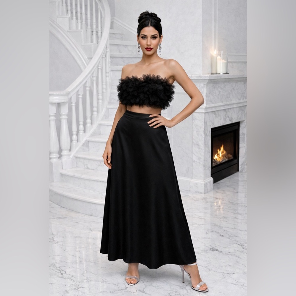 Black Women’s Two Piece Evening Gown Tulle Bustier Crop Top Maxi Skirt Formal XL